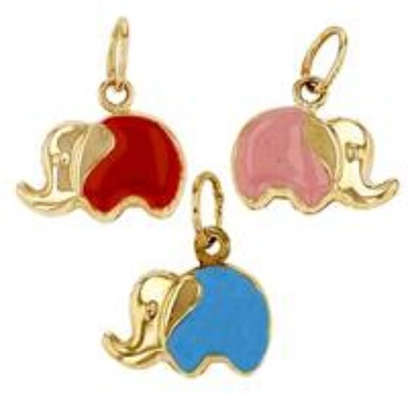 14K Gold Elephant Charm Pendant Pink Red Enamel - Picture 1 of 2